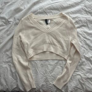 Cropped Cream Off White Knitted V Neck Sweater H&M Sweater Women’s | Size S